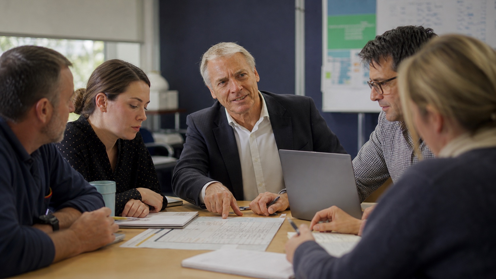 Illustrative scene of William Fleming running a practical cyber-resilience workshop, working through a printed plan around a table with school staff and a laptop.