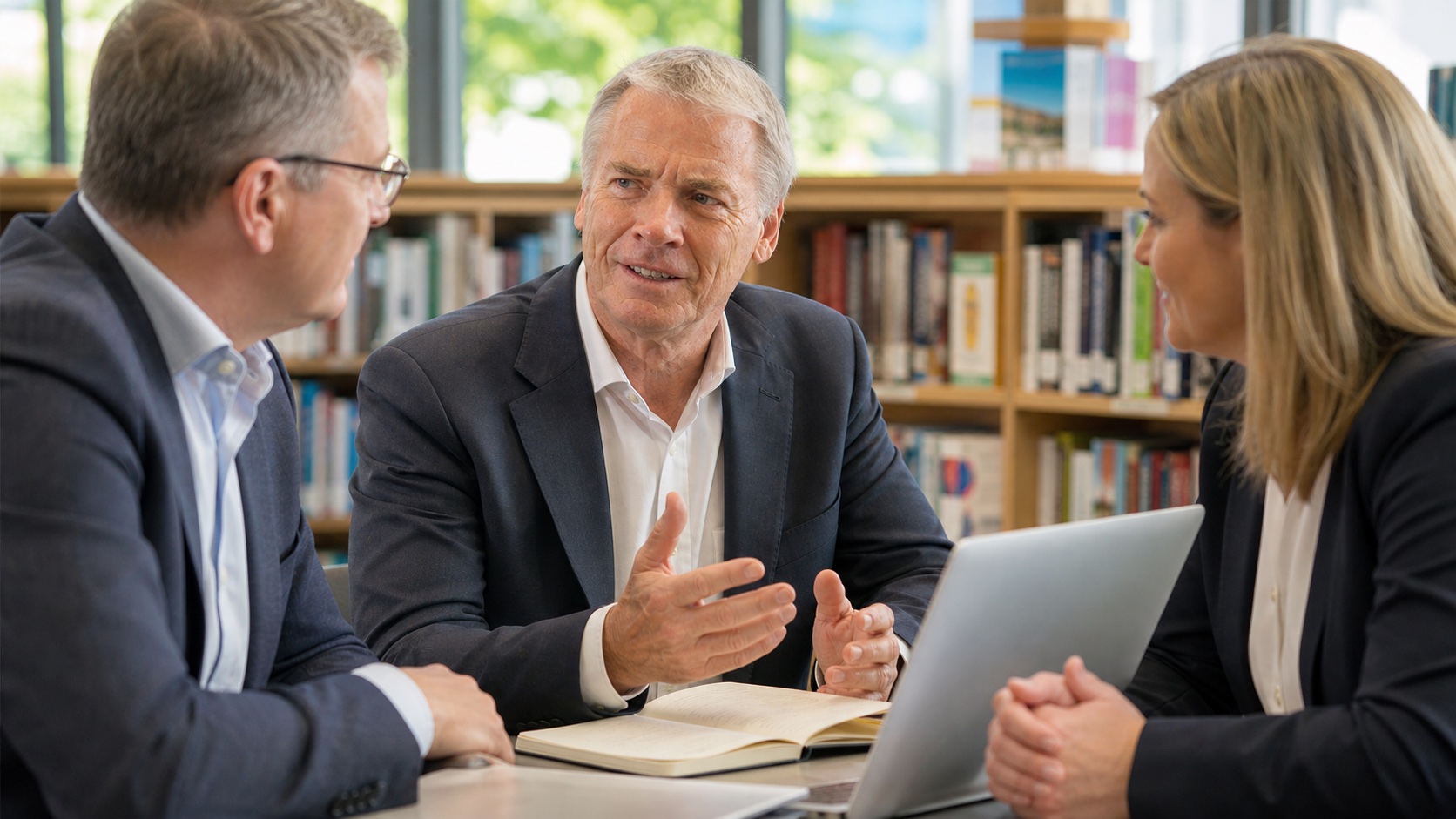 Illustrative scene of William Fleming giving clear advice to two school leaders in a school library, talking through priorities beside an open notebook and laptop.