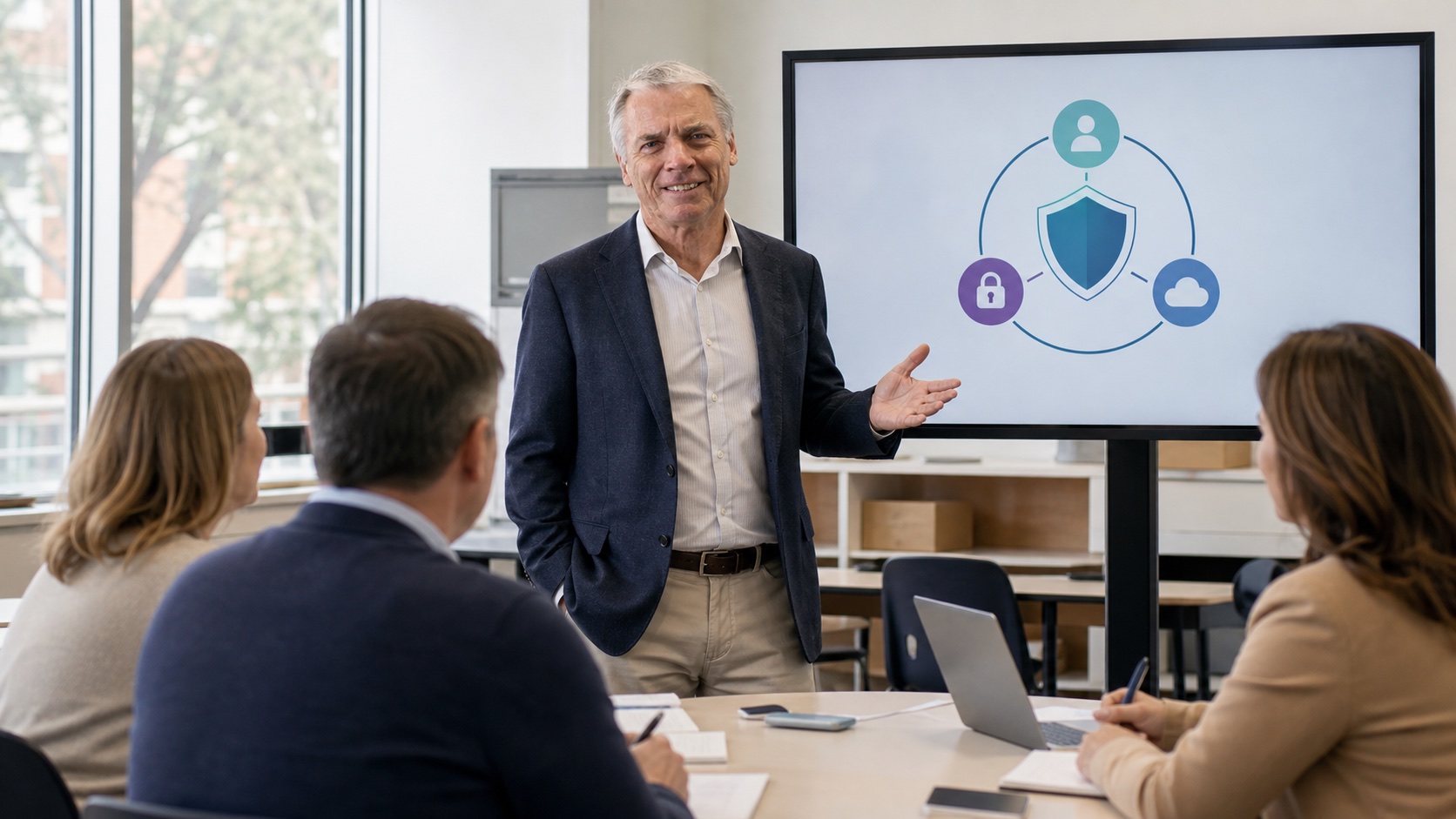 Illustrative scene of William Fleming leading a professional learning session for educators, presenting cyber security concepts on a large screen in a school meeting room.